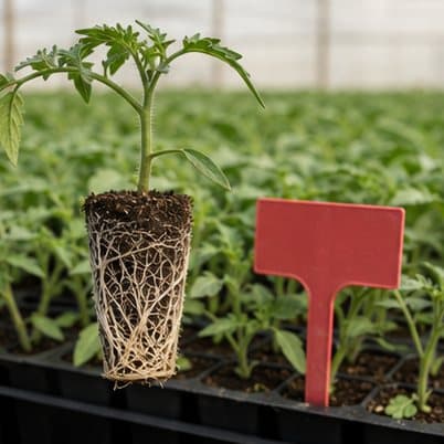 Tomato seedling plug showing coco peat roots beside a batch label