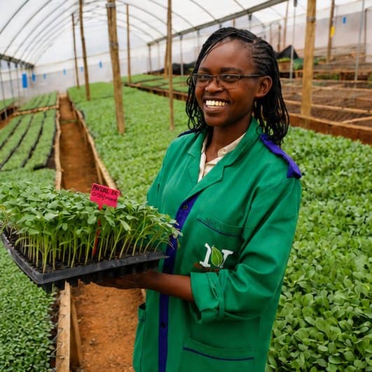 Stella Kerubo, Masimba branch coordinator, with a labelled seedling tray in the nursery