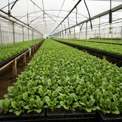 Spinach seedlings in trays inside a NikTech greenhouse