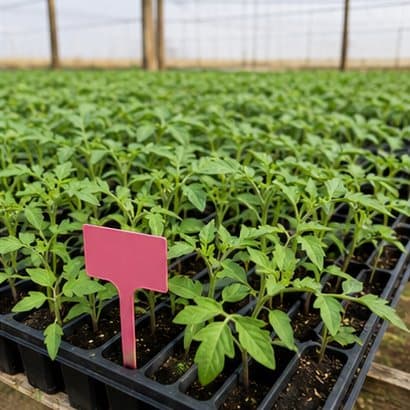 Tomato seedlings in propagation trays with a batch label